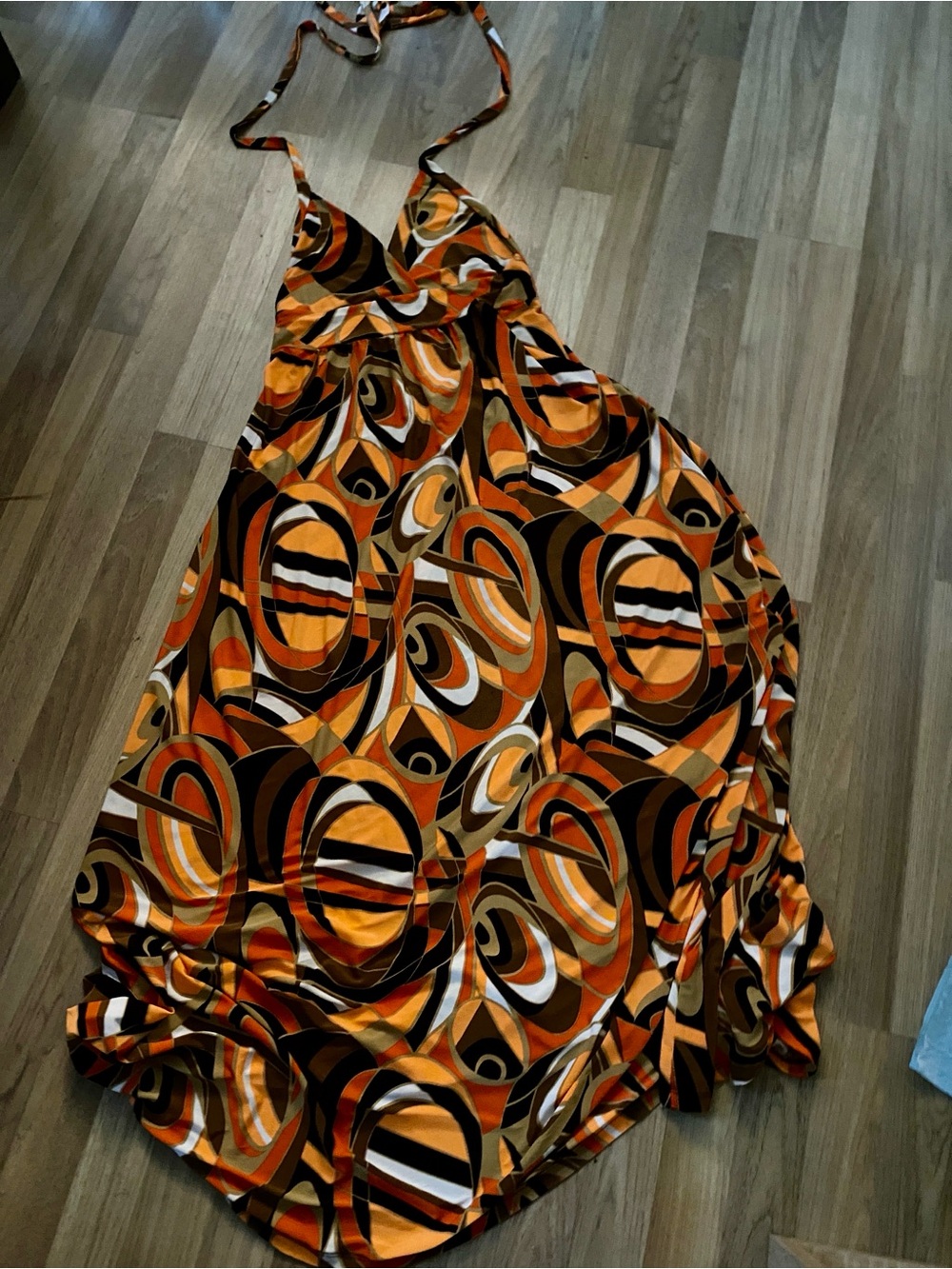 Veronica M Halter Maxi Dress in Orange and Brown Abstract Print